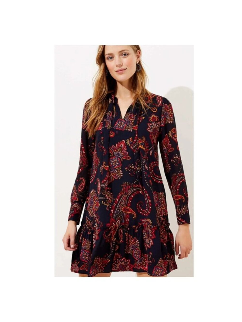 LOFT Navy Blue Paisley Print Long Sleeves Tie Neck Shift Dress Size XL 1X Fall